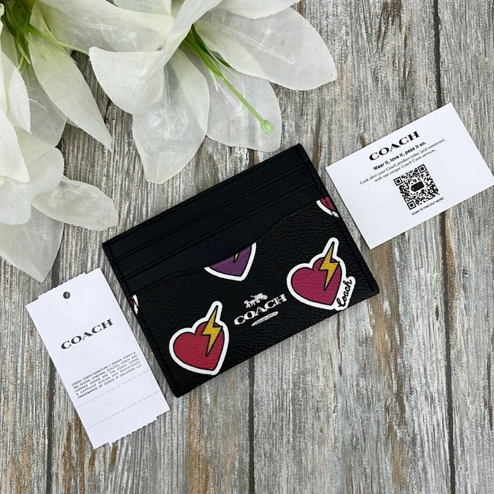 Coach Slim Id Card Case With Heart Bolt Print Wallet Bag Purse